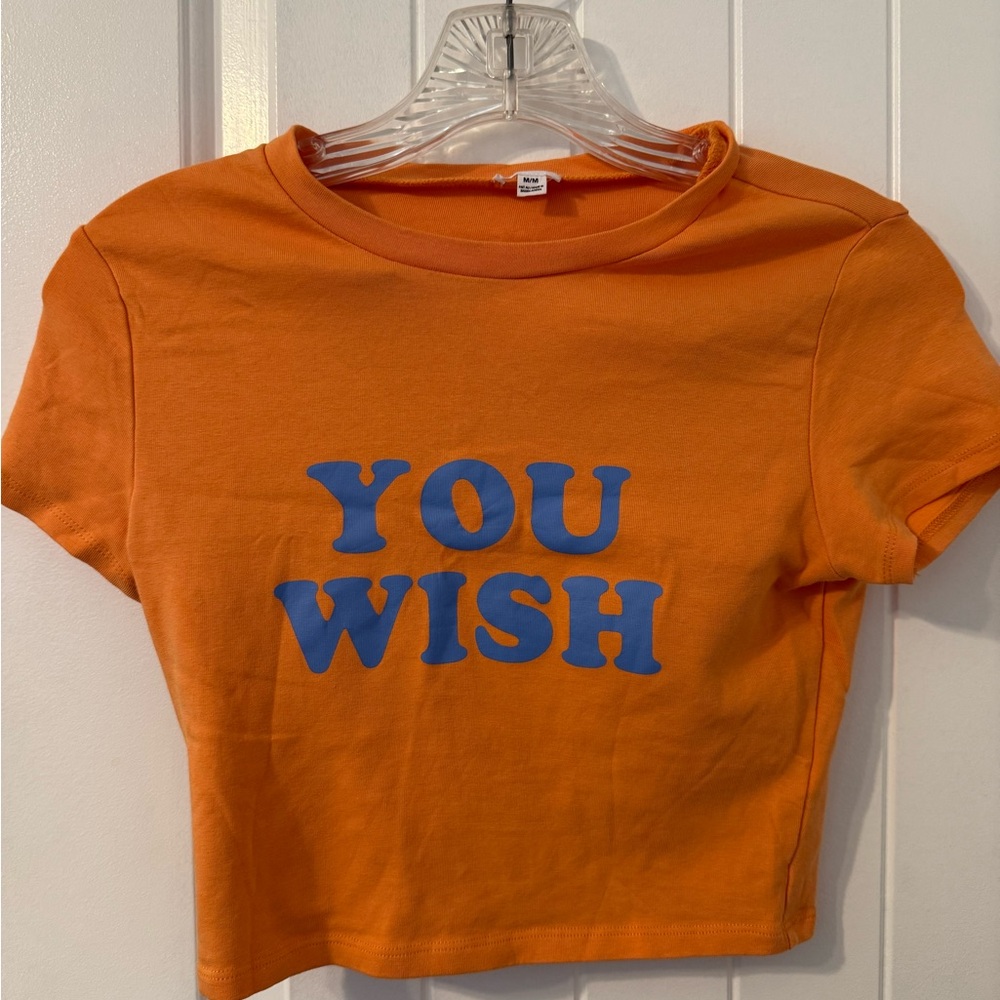 Orange Cropped T-Shirt with Blue Text